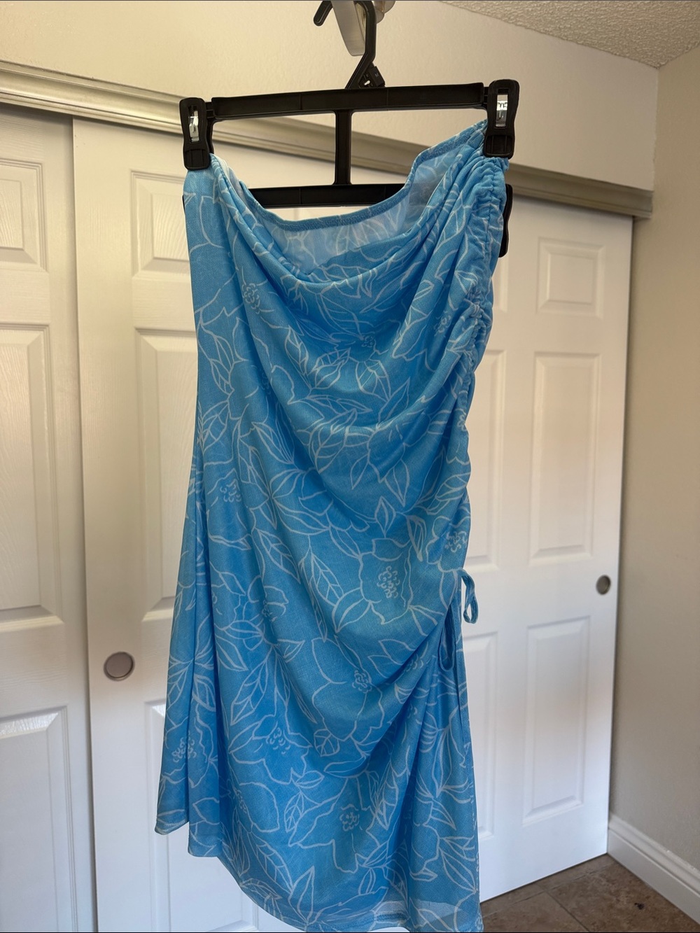 Strapless Blue Floral Ruched Mini Dress - Picture 5 of 5